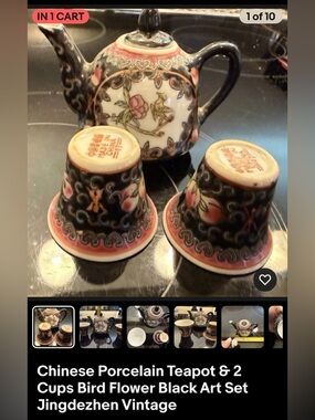 Black & Pink Floral Chinese Porcelain Teapot with 2 Cups